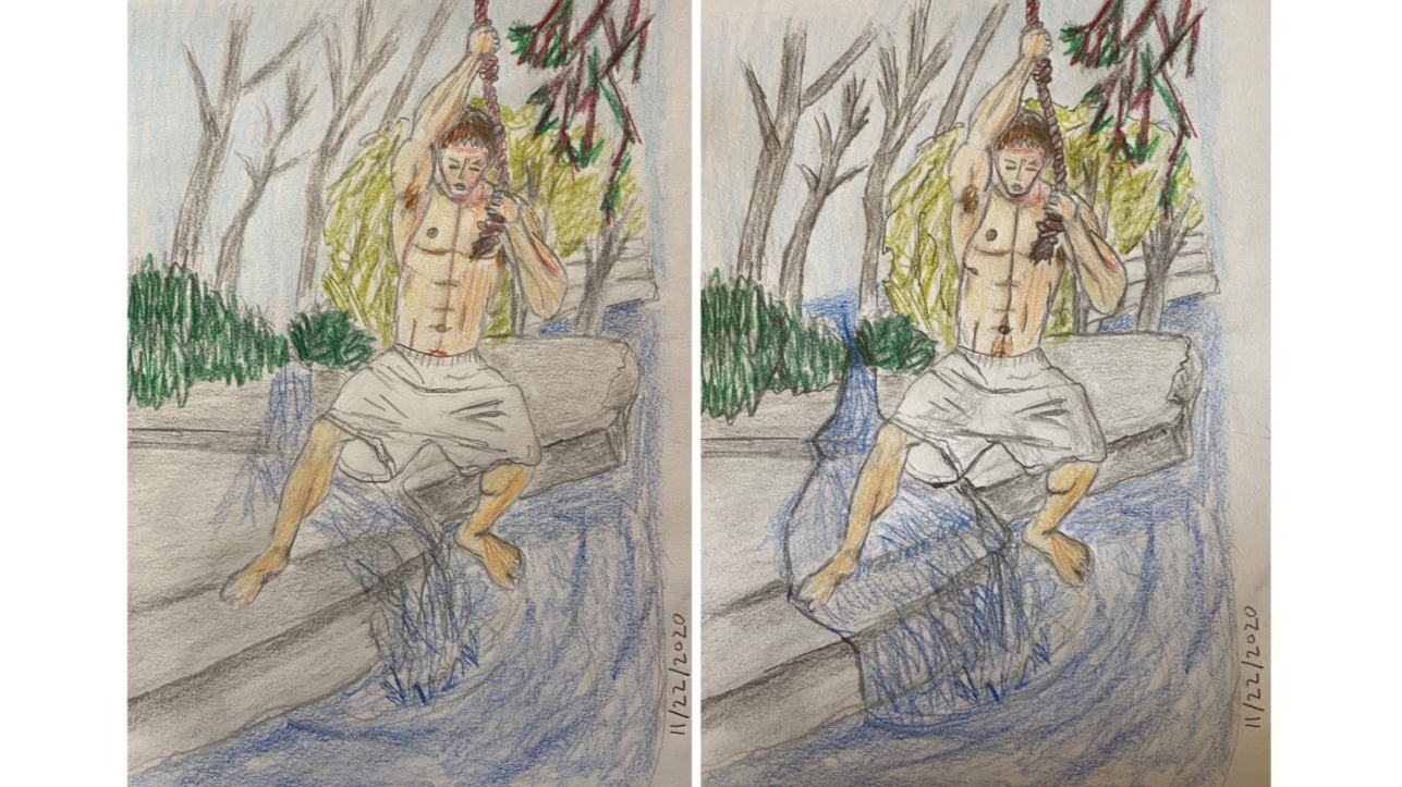 Before and After Revisions: Man on a rope swing - drawings in pencil and colored pencil