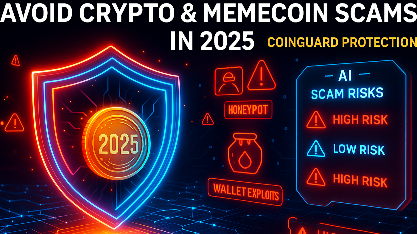 A neon shield guarding a blockchain coin with scam alerts and AI risk warnings, symbolizing Coinguard’s defense against rug p