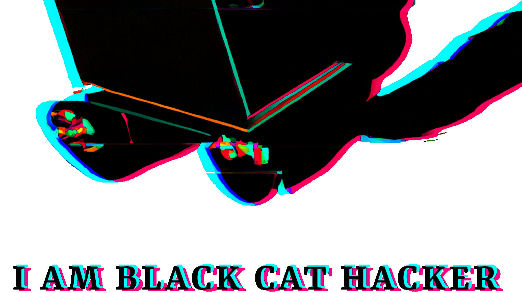 an AI generated black cat sitting in front of a computer with the mention "I AM BLACK CAT HACKER"