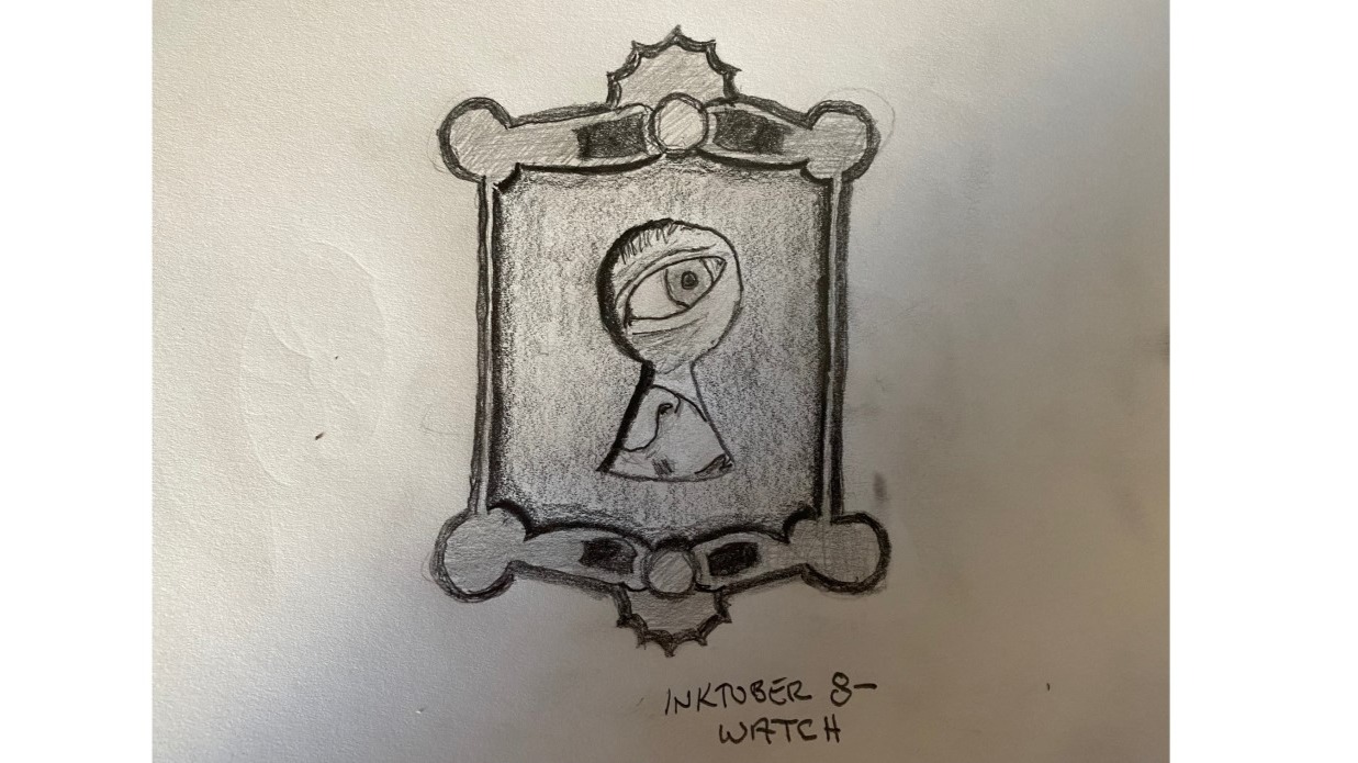 Man's eye seen peering through vintage keyhole - pencil sketch
