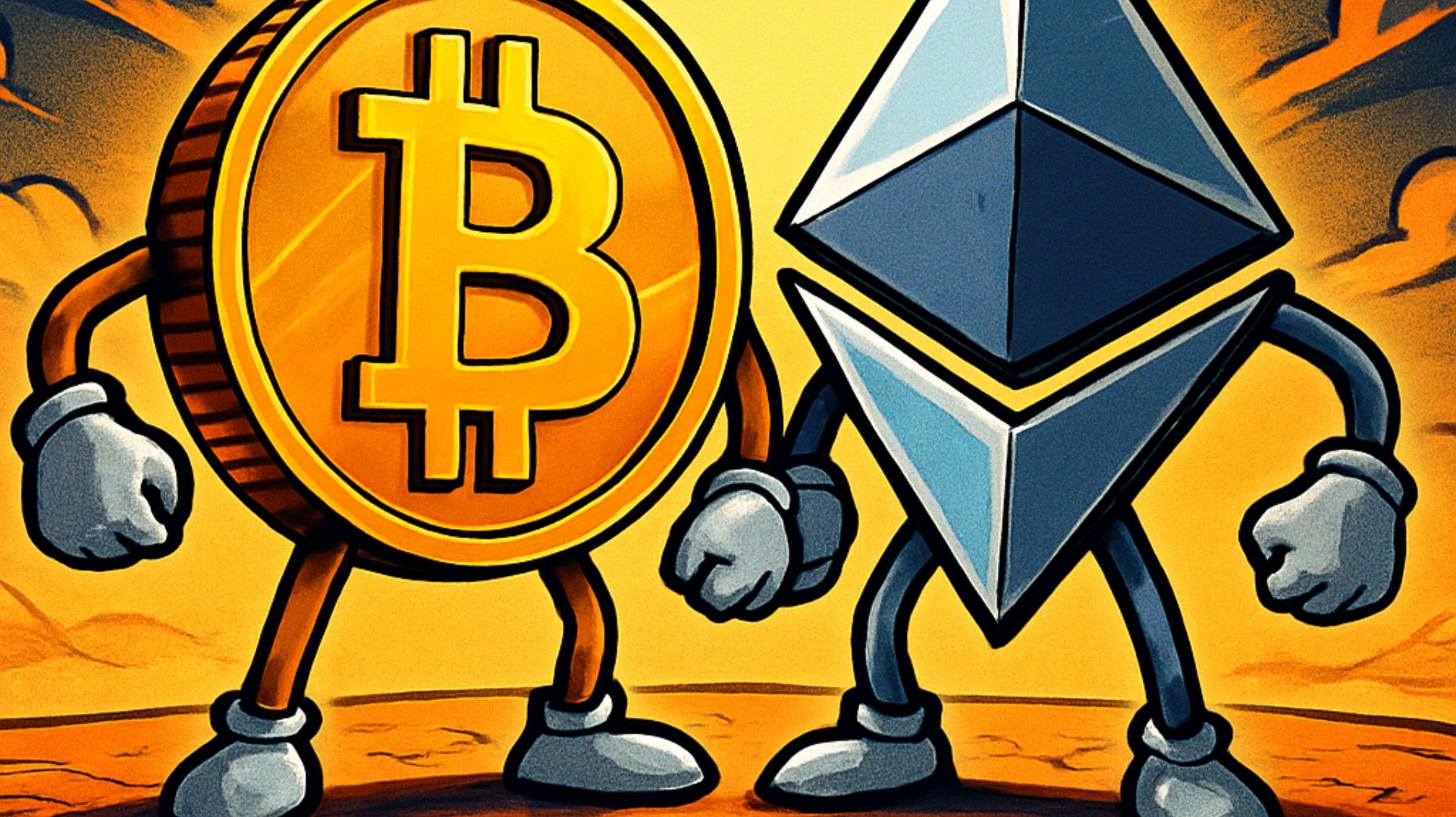 A bitcoin character with hands and feet next to an Ethereum character with hands and feet