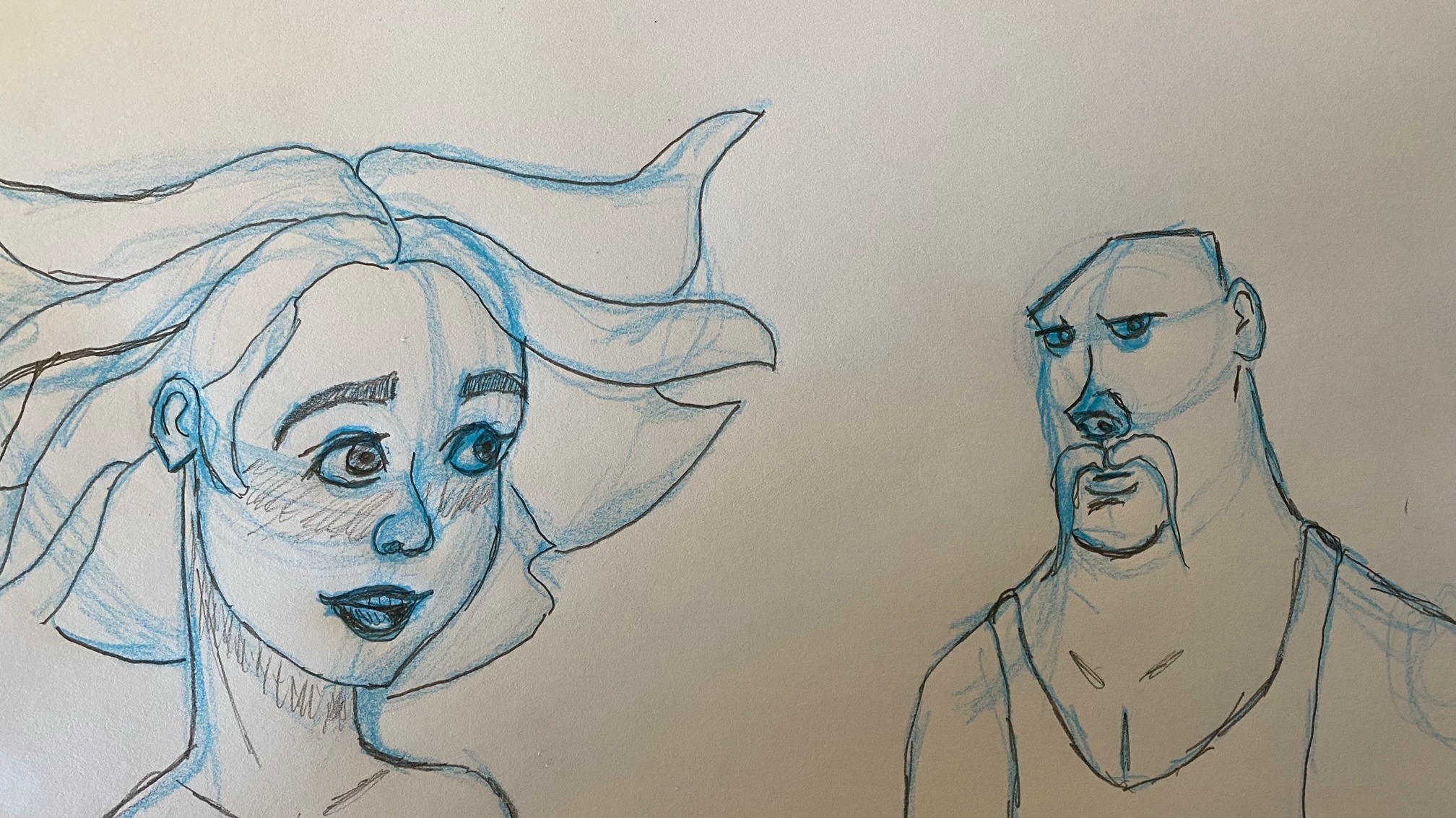 Character sketches graphite finalization over blue colored-pencil underdrawing