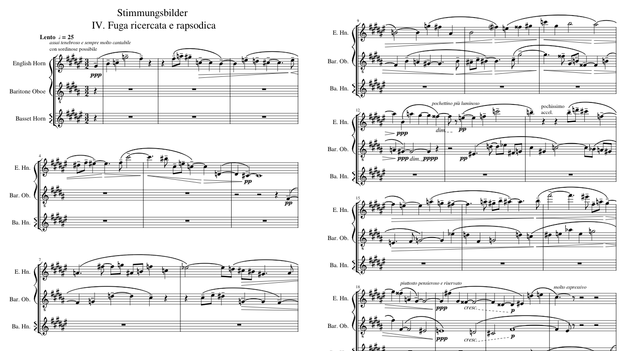 First two pages of the engraved score of Stimmungsbilder: IV. Fuga ricercata e rapsodica [Philip Daniel; 2020]