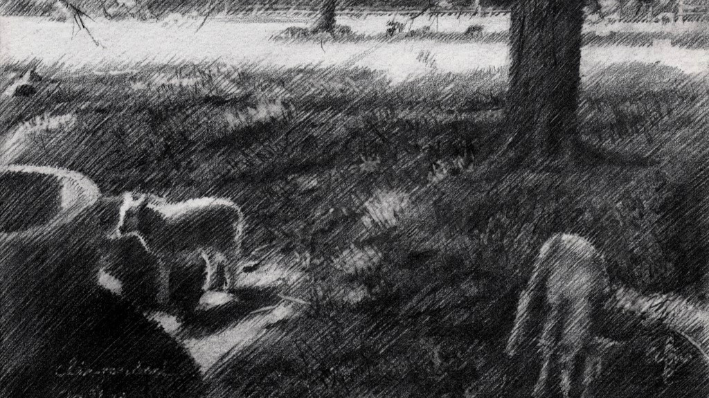 impressionist landscape with lambs graphite pencil drawing