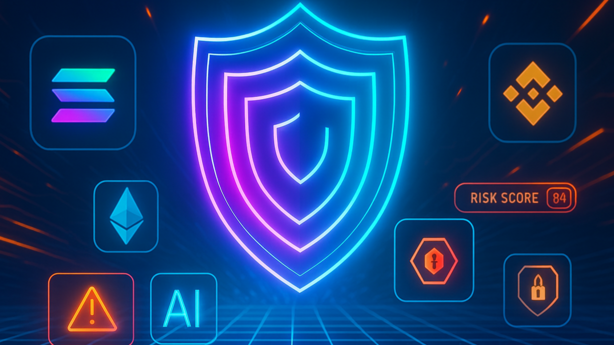 A glowing neon shield over a futuristic blockchain grid, featuring Solana, Ethereum, and BSC logos with AI-driven risk score