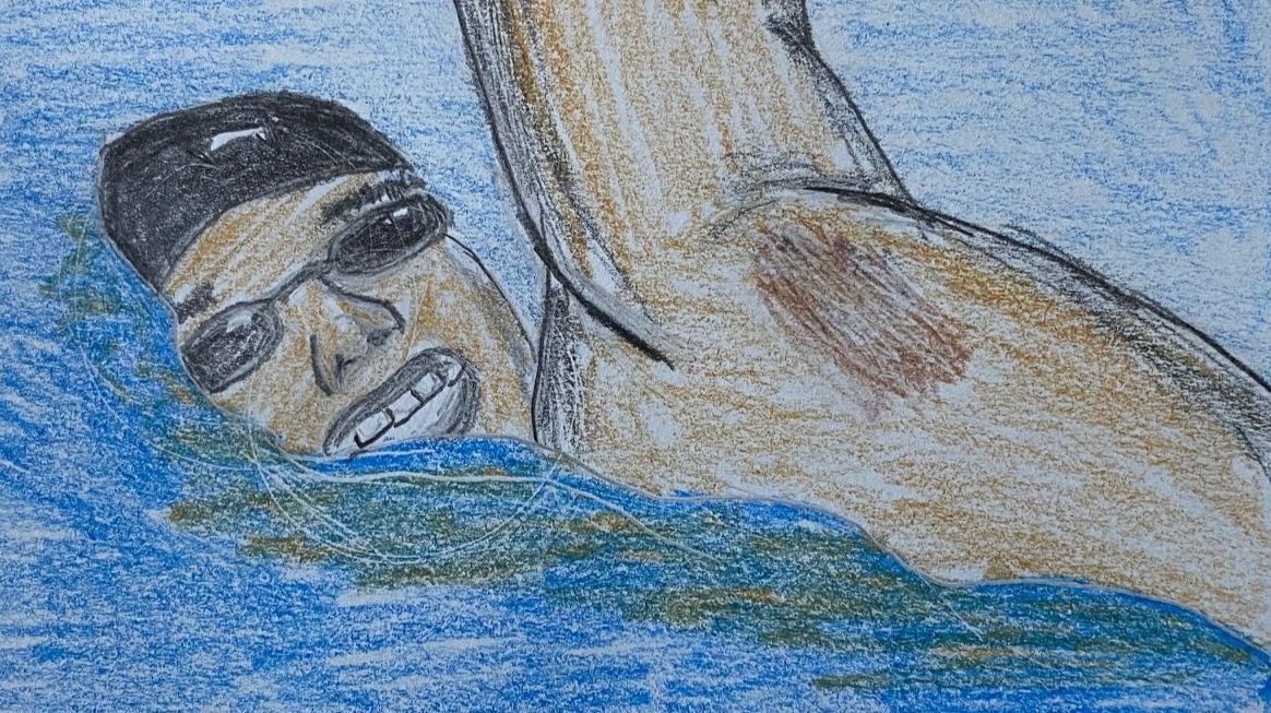 Man swimming - Drawing in pencil and colored pencil