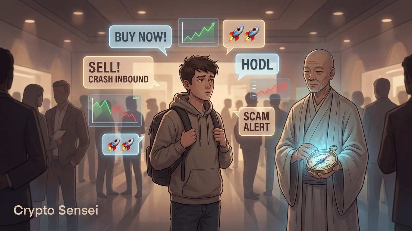 A thoughtful digital illustration of a crypto learner standing in the center of a crowded room where dozens of floating speec