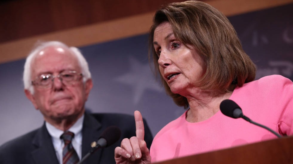 Speaker Nancy Pelosi at a press conference with Sen. Bernie Sanders, May 23, 2017. (Win McNamee/Getty Images)