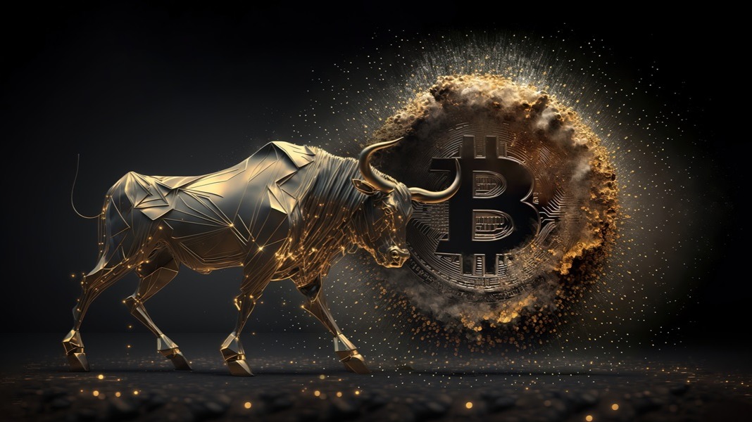 Image of a golden, digital bull walking past an exploding Bitcoin