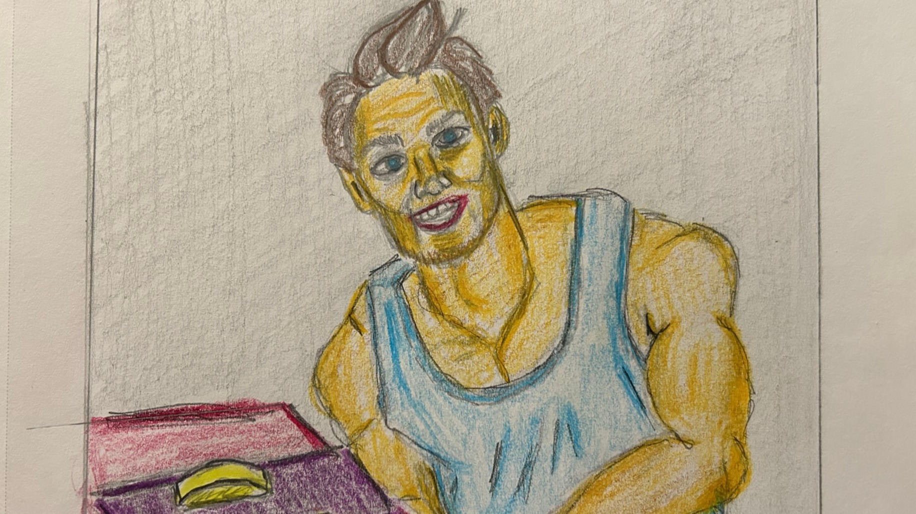 man in tank top sitting at desk, colored pencil