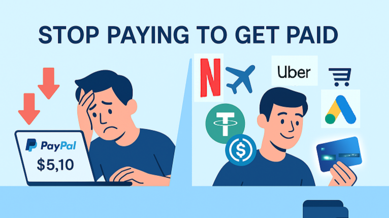 Split digital illustration showing a frustrated freelancer losing money to PayPal fees with red downward arrows on the left