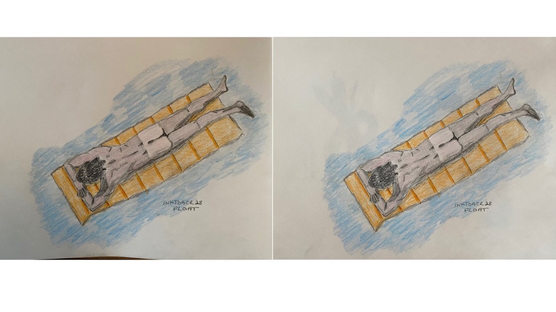 Before and after drawings in pencil and colored pencil - man floating in water