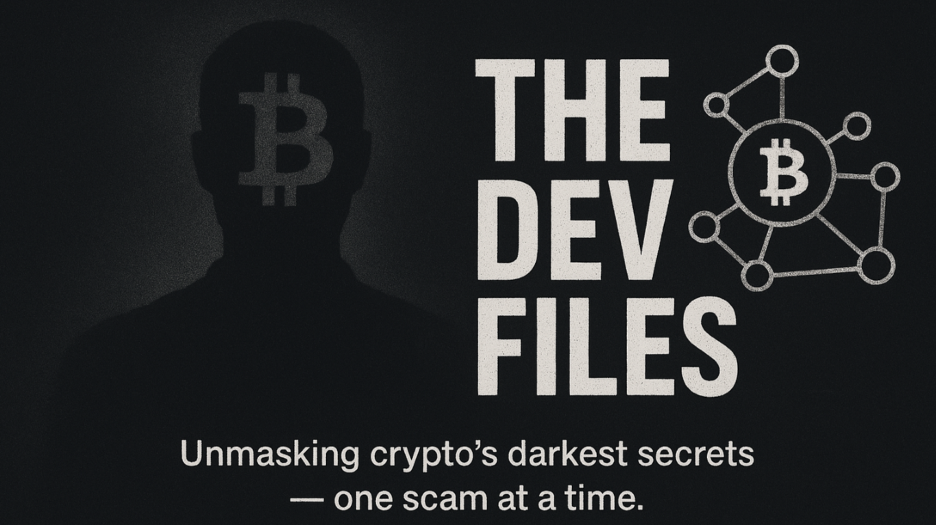 A dark silhouette of a person with a btc logo and a bubble map. in between the header "the dev files".