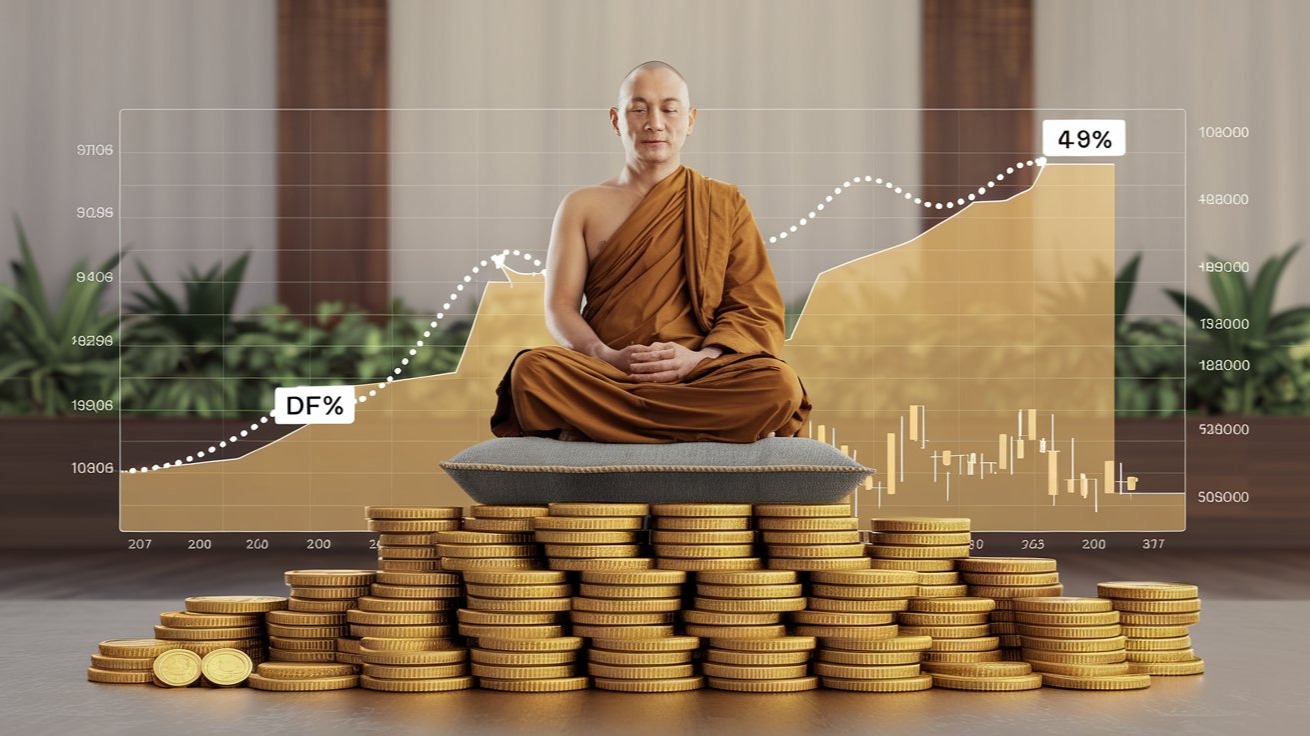A peaceful monk sitting on a pile of stablecoins with DeFi charts in the background showing a slow, steady growth curve label