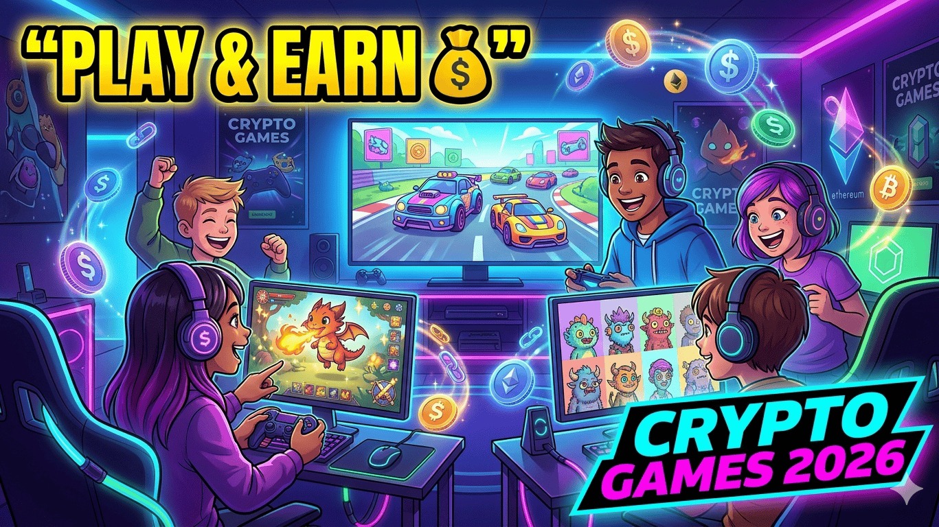 A bright, futuristic gaming scene featuring two excited kids sitting in a modern gaming room, illuminated by neon blue and pu