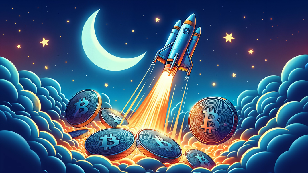 Rocketship blasting off towards with moon surrounded by Bitcoins