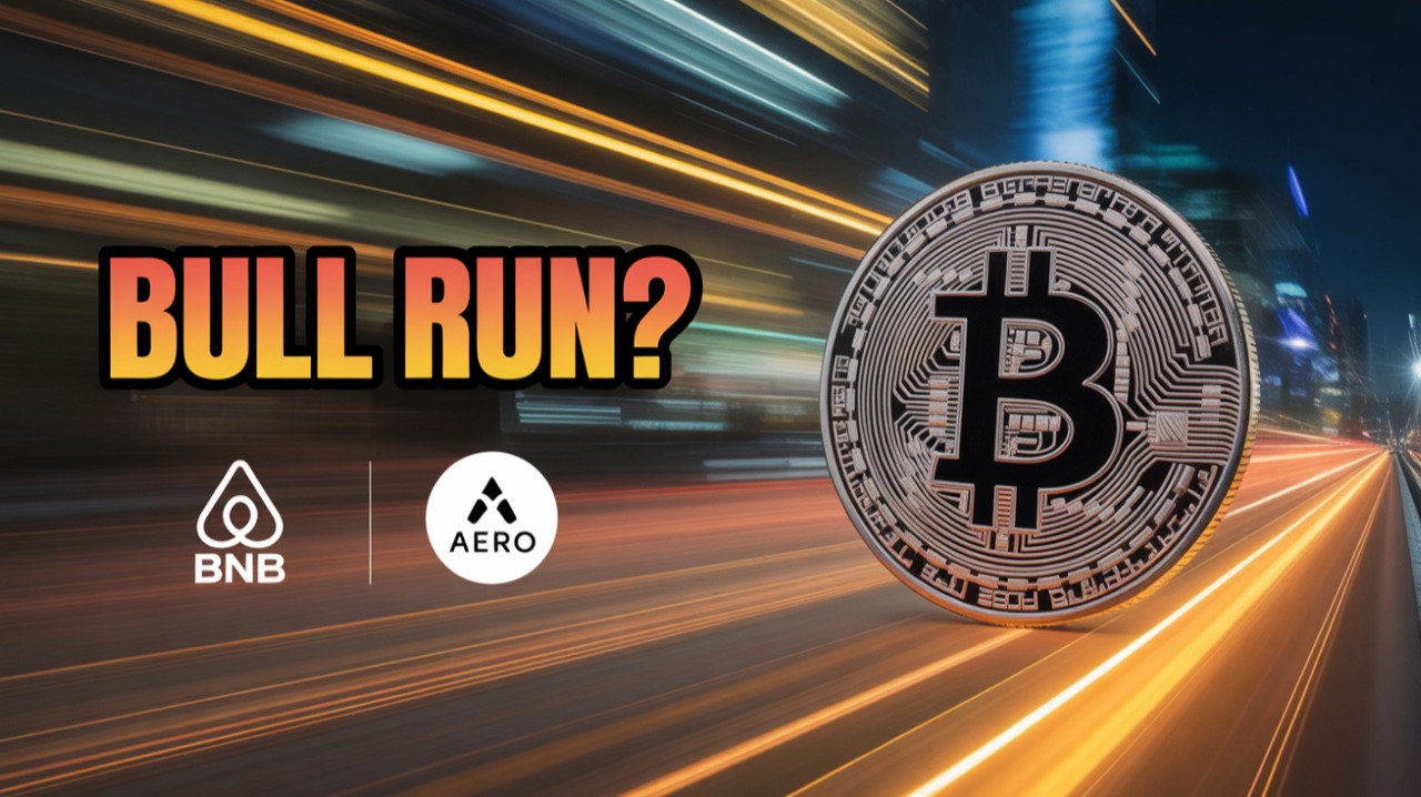 Bitcoin speeding through a city with bold “Bull Run?” text, BNB and AERO logos underneath.