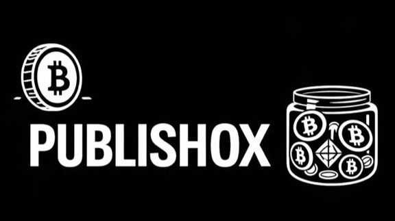 A minimal black-and-white thumbnail featuring the word “Publish0x” in bold typography, accompanied by simple crypto icons. Th
