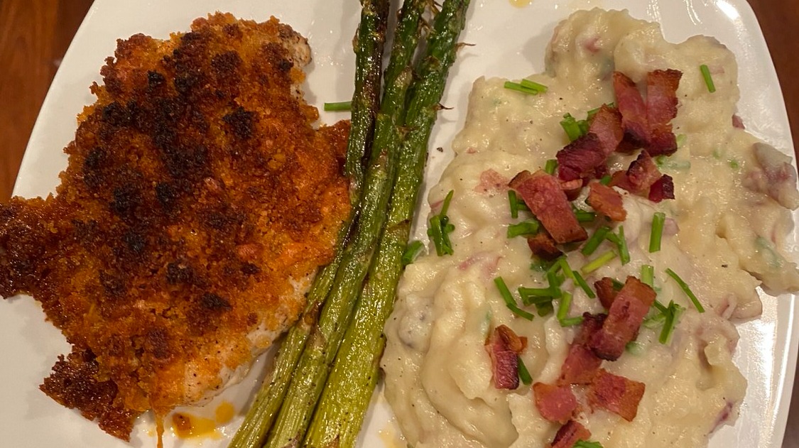breaded chicken, asparagus, and loaded mashed potatoes