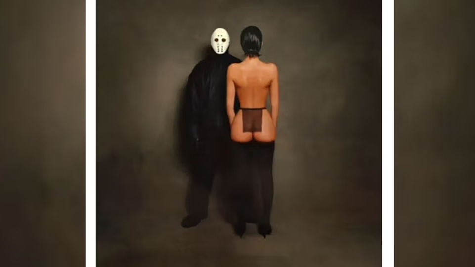 Album cover for Vultures 1 featuring Kanye in a mask standing next to a model