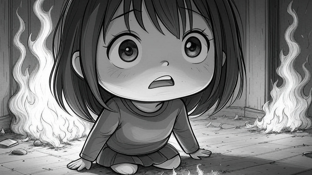 girl in room on fire