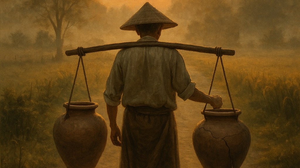 A water bearer carries a wooden yoke across his shoulders with two clay pots - one intact, the other cracked and leaking