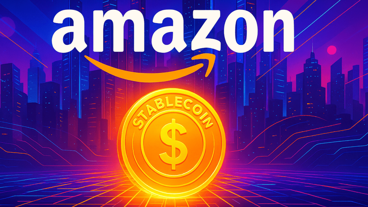 Futuristic digital illustration of a glowing Amazon stablecoin with a dollar sign, set against a vibrant neon cityscape.