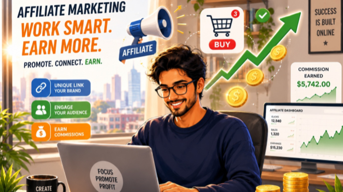Affiliate marketer working on laptop