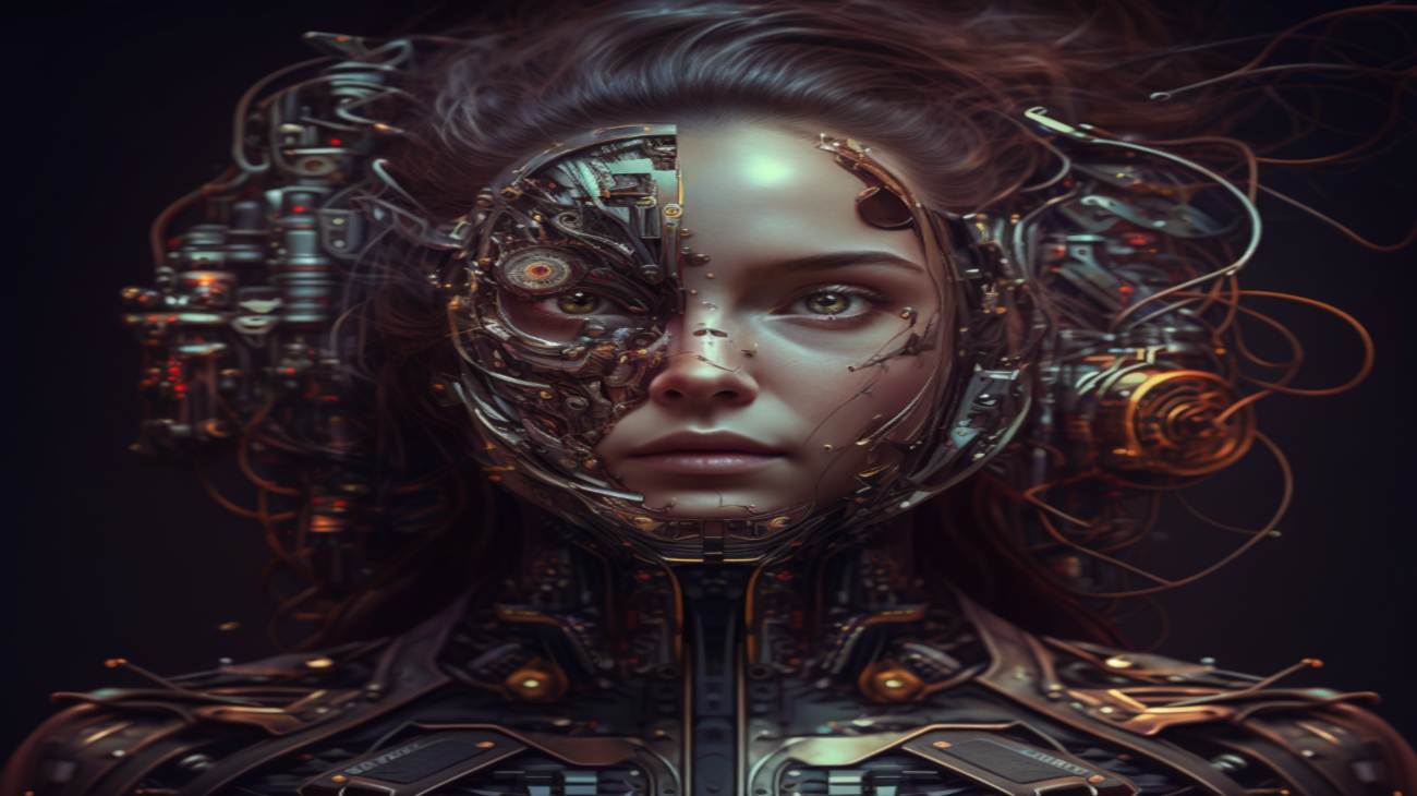 a woman cyborg with metal exposed on half of her face.