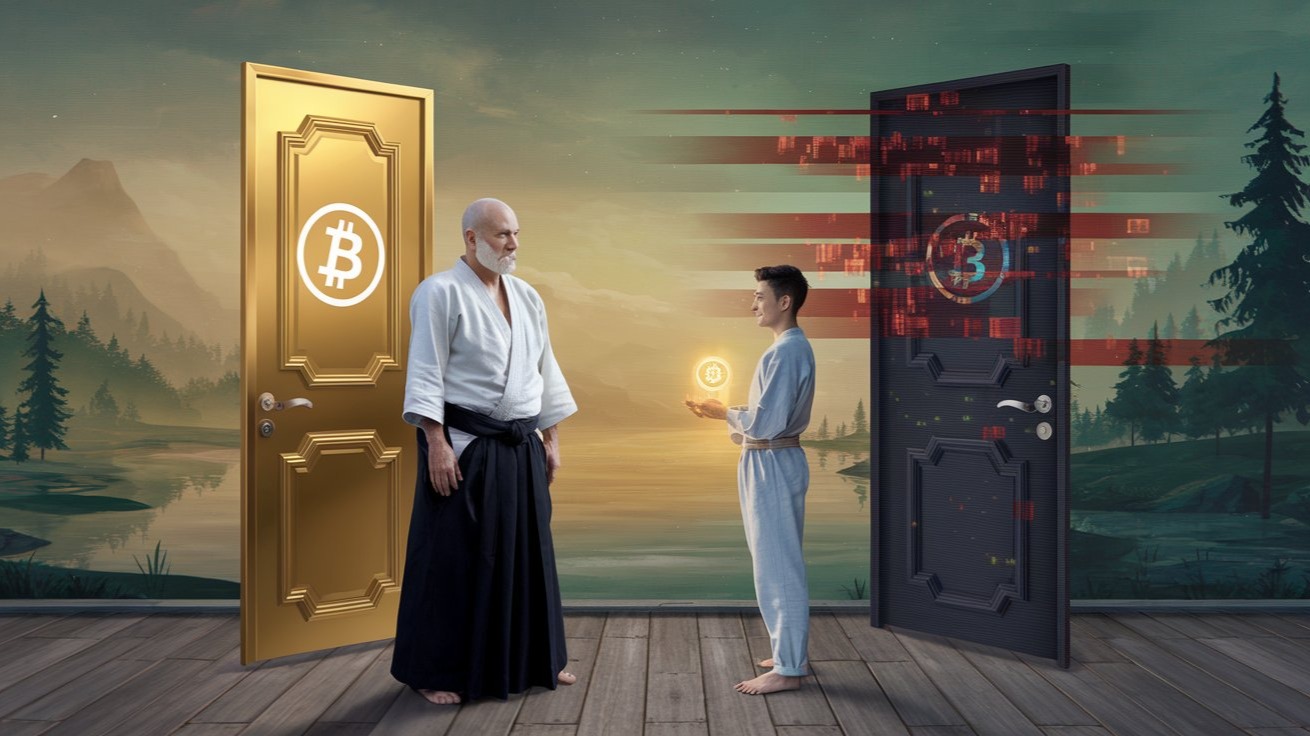 A wise sensei standing in front of two doors — one golden with a crypto logo, the other dark and glitchy with red flags. A st