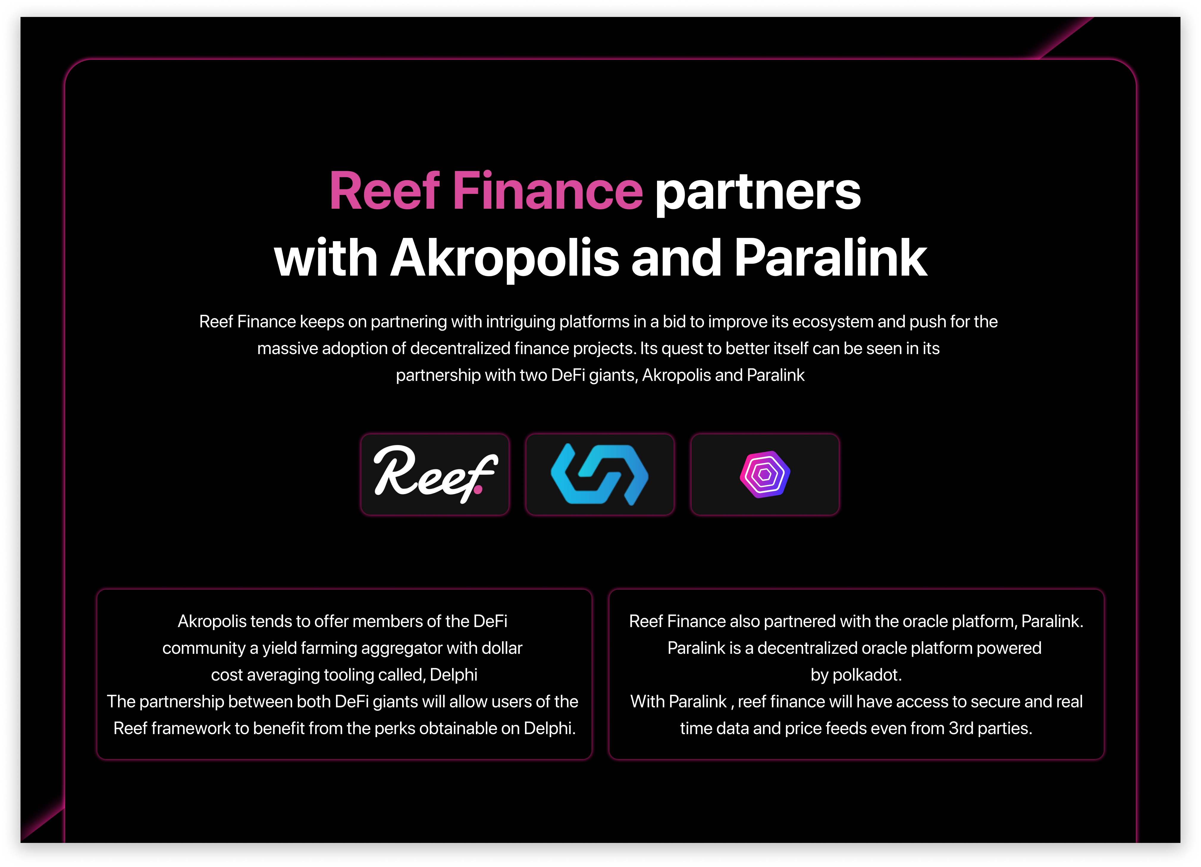 Reef Finance partners with Akropolis and Paralink