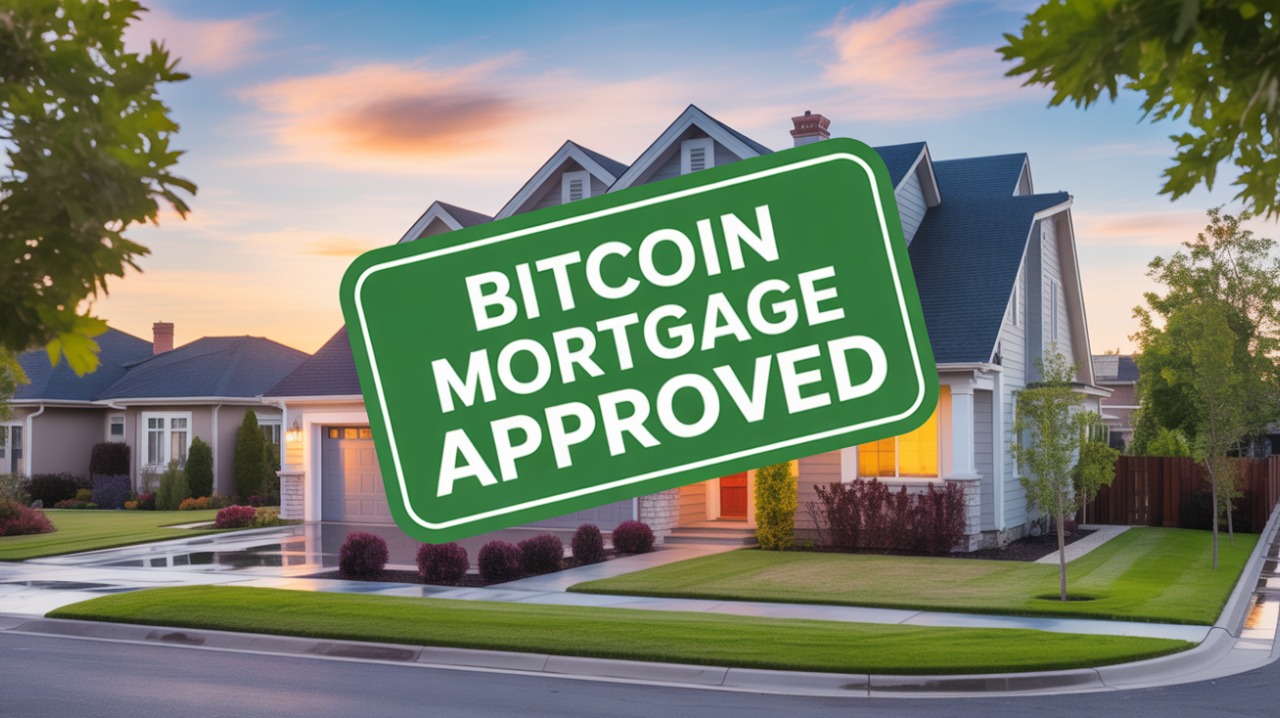 Modern suburban house at sunset with a bold green “Bitcoin Mortgage Approved” stamp across the image.