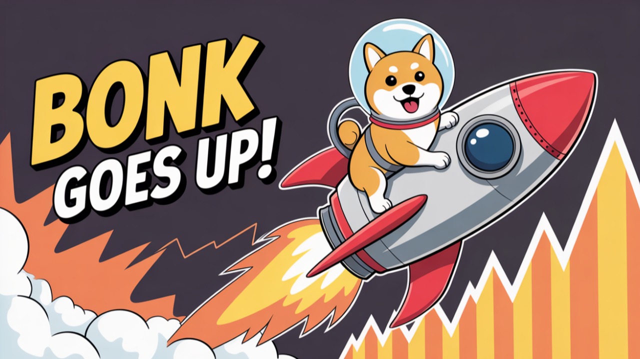 Cartoon Shiba dog in space suit riding rocket, fire and price chart rising, text says “BONK GOES UP!”