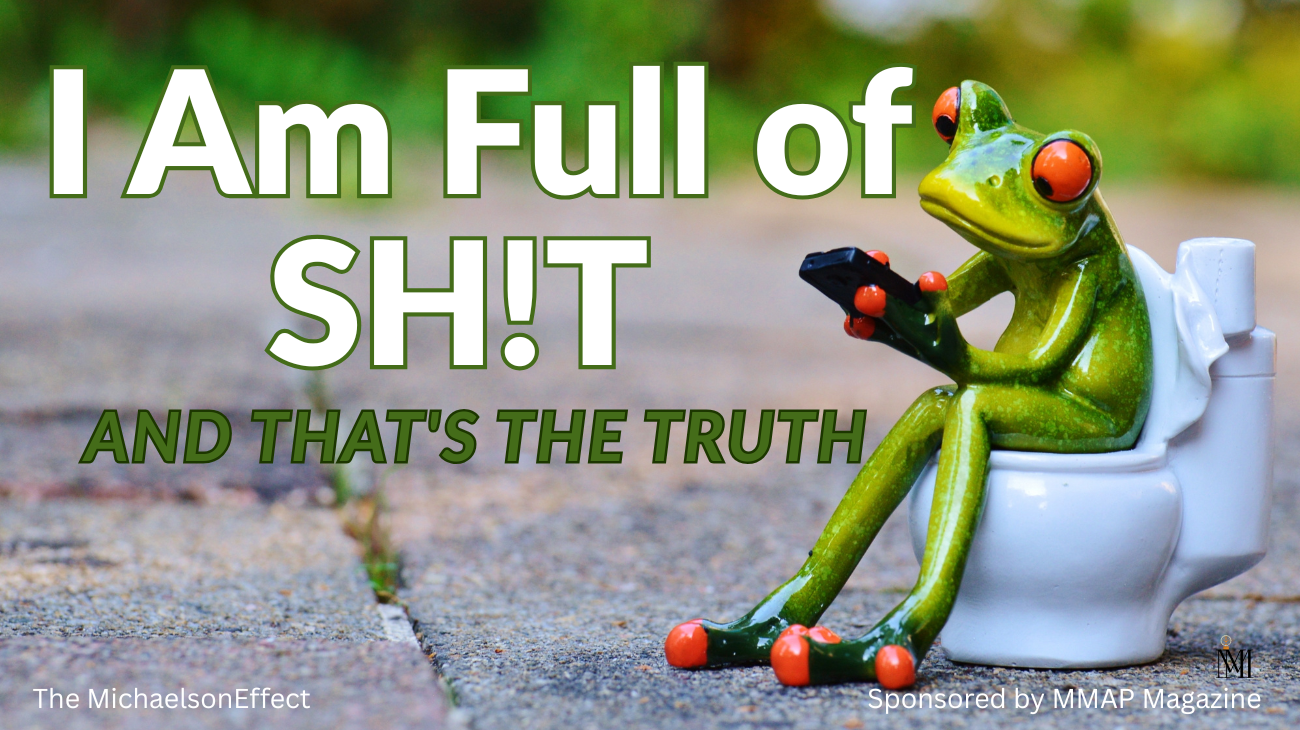 Little green frog figurine sitting on a toilet with a cell phone in hand. MMAP Magazine Sponsor logo
