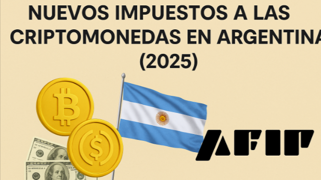 Imagen destacada sobre los nuevos impuestos a las criptomonedas en Argentina (2025), con símbolos de cripto y la autoridad