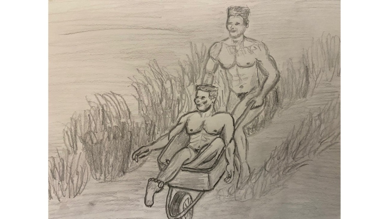 Pencil sketch - one man pushing another in a wheelbarrow