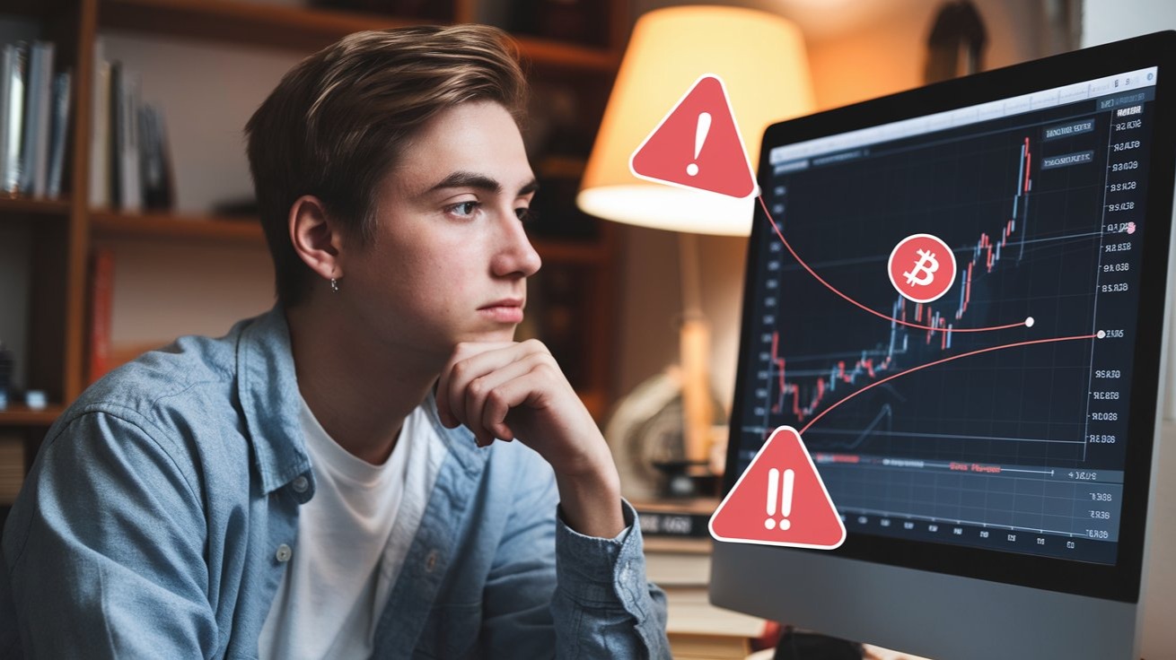A thoughtful person looking at a crypto chart with red warning signs around, symbolizing learning from mistakes”