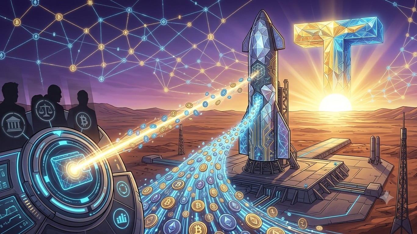 A dark cinematic split composition — SpaceX Falcon 9 rocket launching on the left, glowing blockchain network nodes on ride