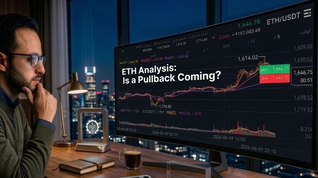 "Al-Moheeb Tech professional technical analysis of ETH/USDT market trends. The image shows a focused technical analyst review