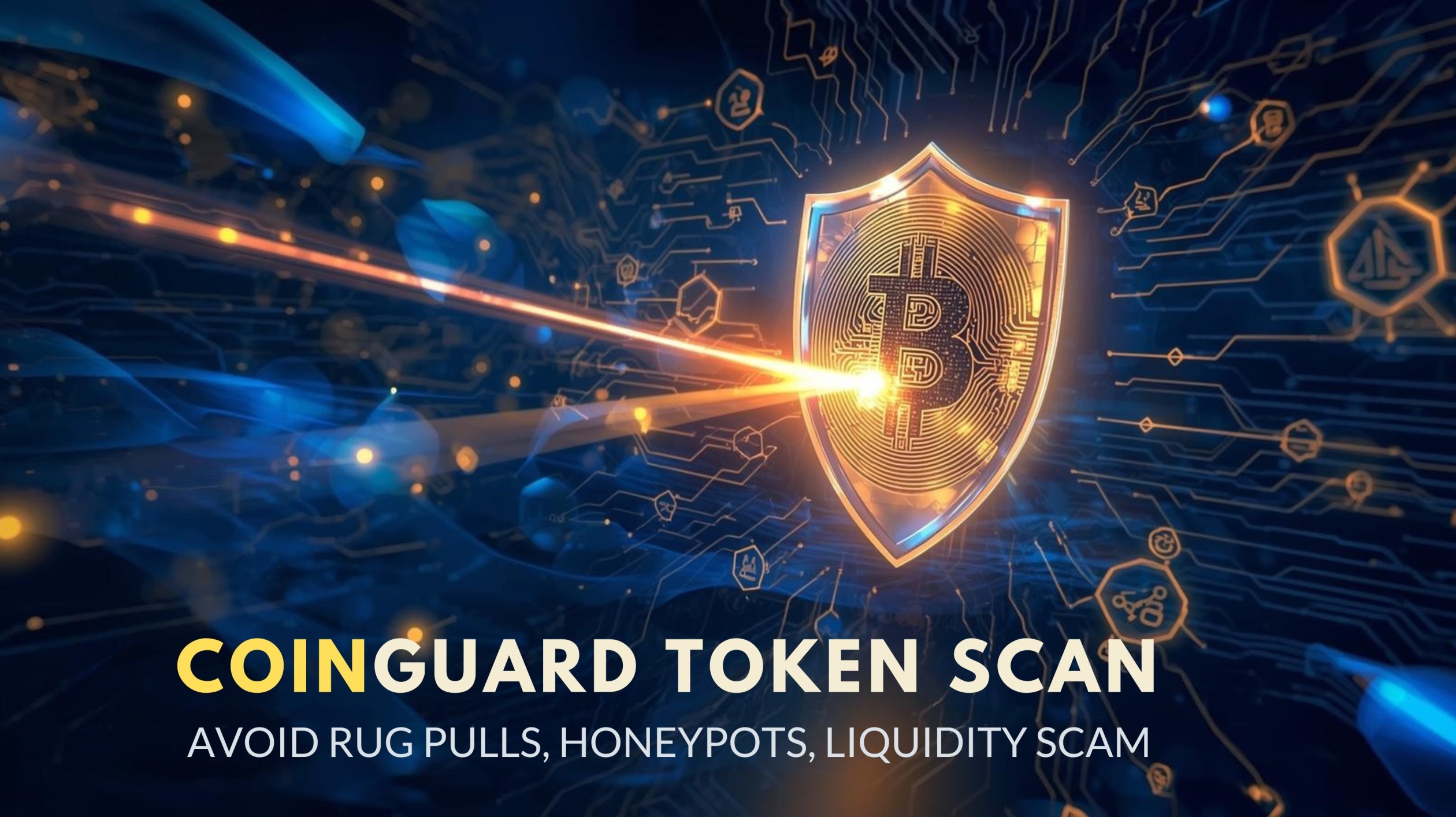 A futuristic digital shield with a glowing Bitcoin logo being scanned by AI rays, symbolizing Coinguard Token Scan detecting