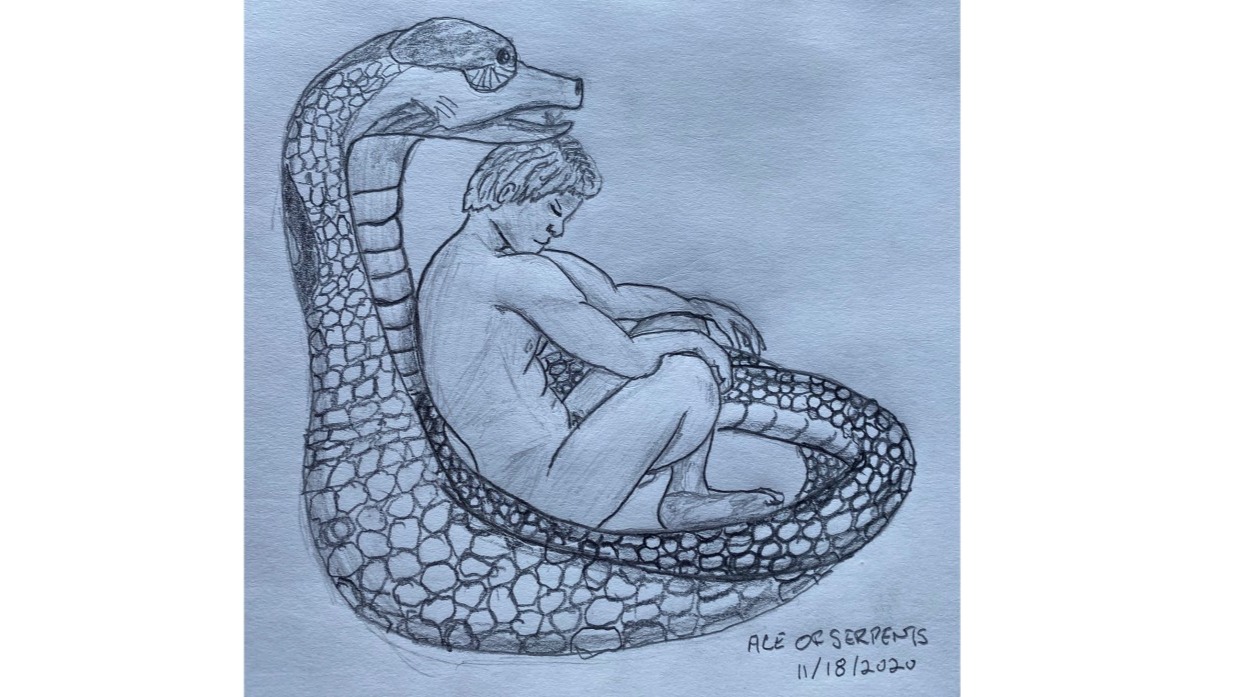 Man resting in serpent's coils - drawing in pencil
