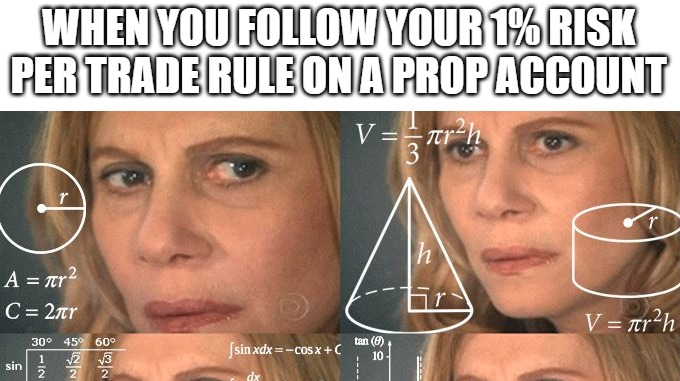 Calculating confused lady meme - with text above that says, "When you follow your 1% risk per trade rule on a prop account...