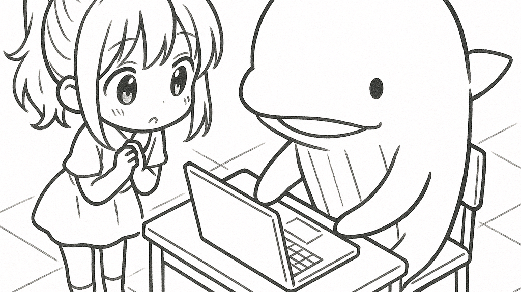 Girl watching a whale on a laptop