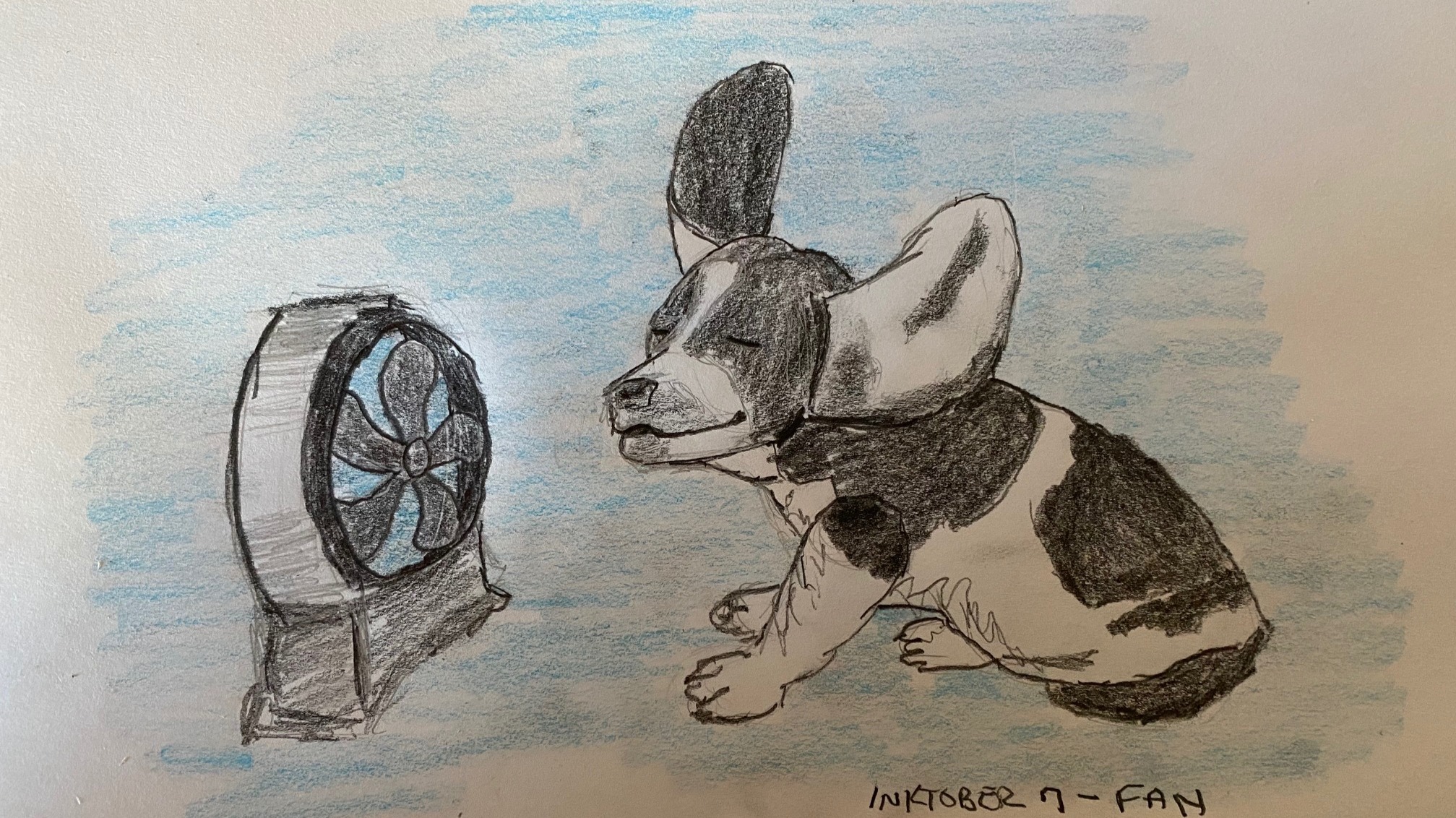 Puppy enjoying the breeze from a fan - pencil and colored pencil