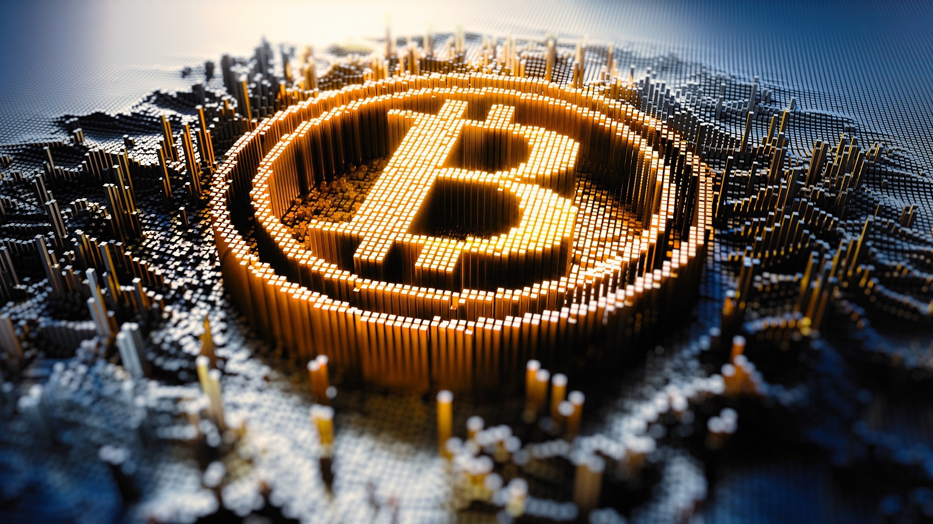 Image of Bitcoin emerging from a digital representation of the world.