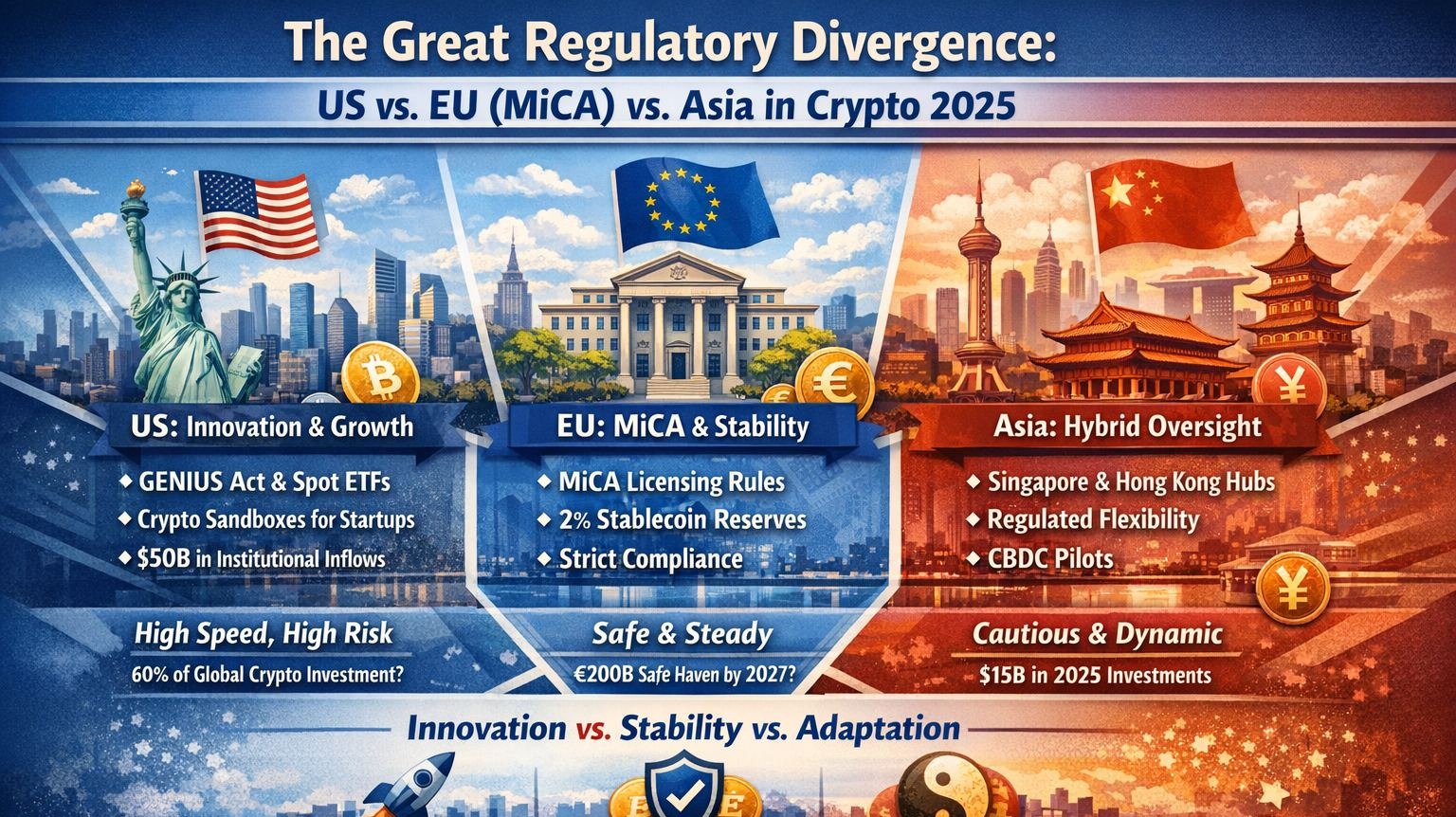 The Great Regulatory Divergence: How the US, EU (MiCA), and Asia Are  Forging Different Crypto Futures