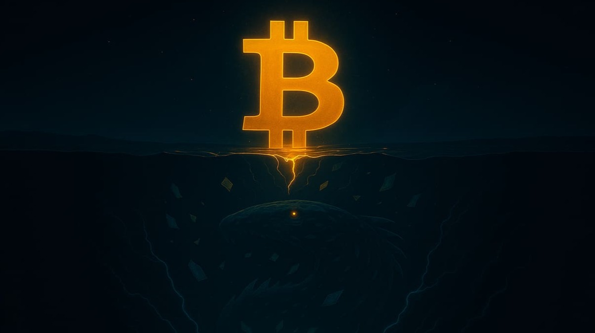 A glowing Bitcoin symbol rises from a deep ocean fissure, watched by a massive shadowy Leviathan beneath, with floating curre