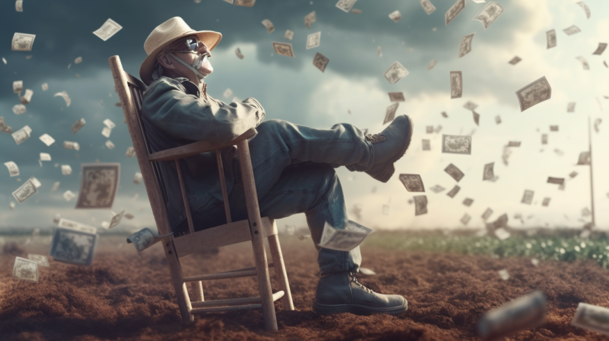 a futuristic farmer takes a rest because money is pouring down from the sky, octane render