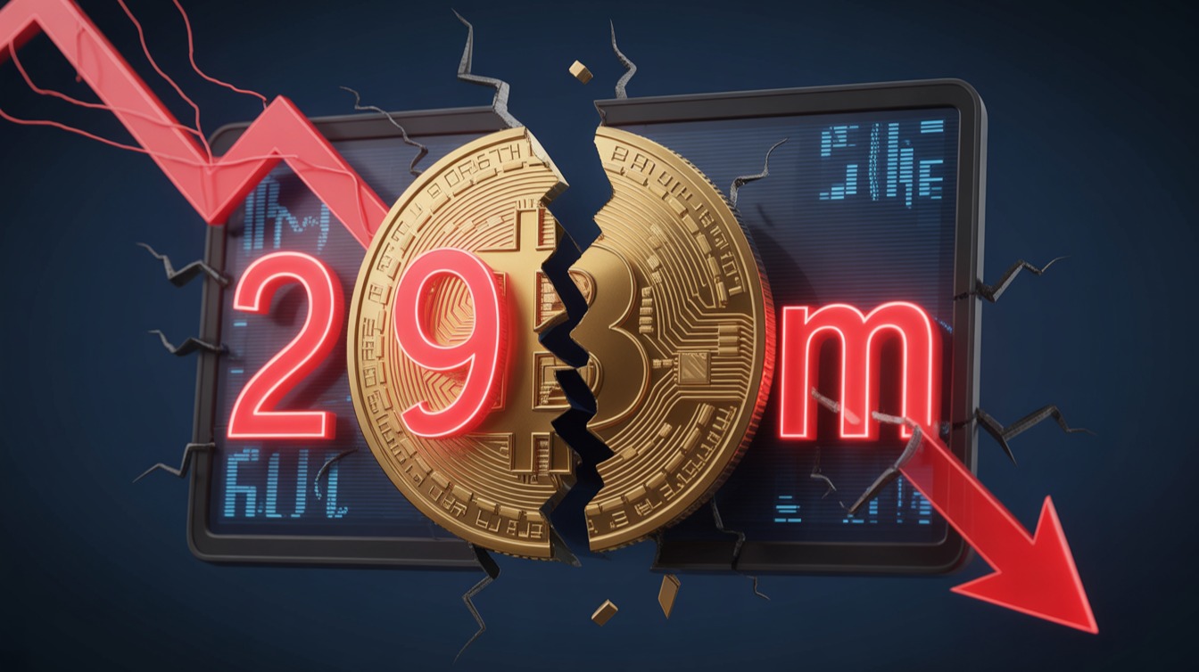 Cracked golden Bitcoin coin with red downward arrow and glowing "$290M" text on dark blue background