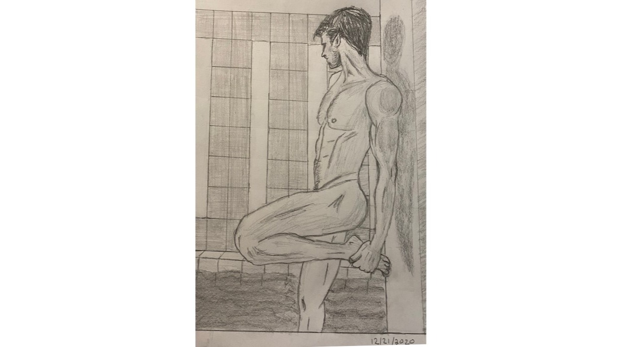 Nude man leaning on concrete pillar in front of tiled indoor swimming spa - drawing in pencil
